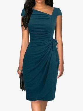 Teal Asymmetrical Neck Wrap Dress